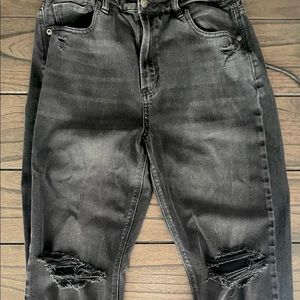 AE Ripped, faded black wash, Mom Straight Jeans with comfort stretch band